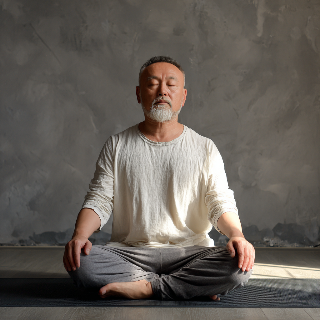Smiling Kazakh woman in her 40s holding healthy food ingredients with a peaceful expression in a bright kitchen setting