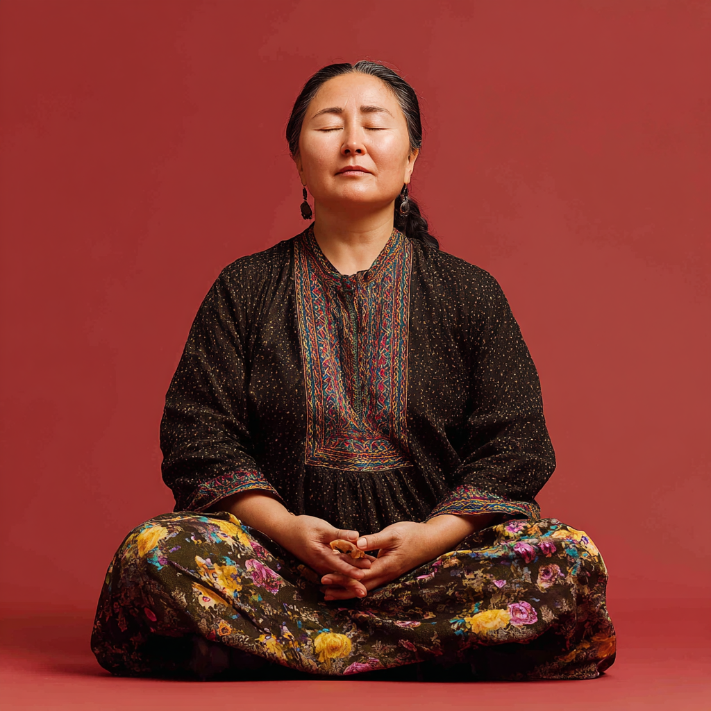 Smiling Kazakh woman in her 50s in a yoga pose demonstrating flexibility and strength with a serene mountain background